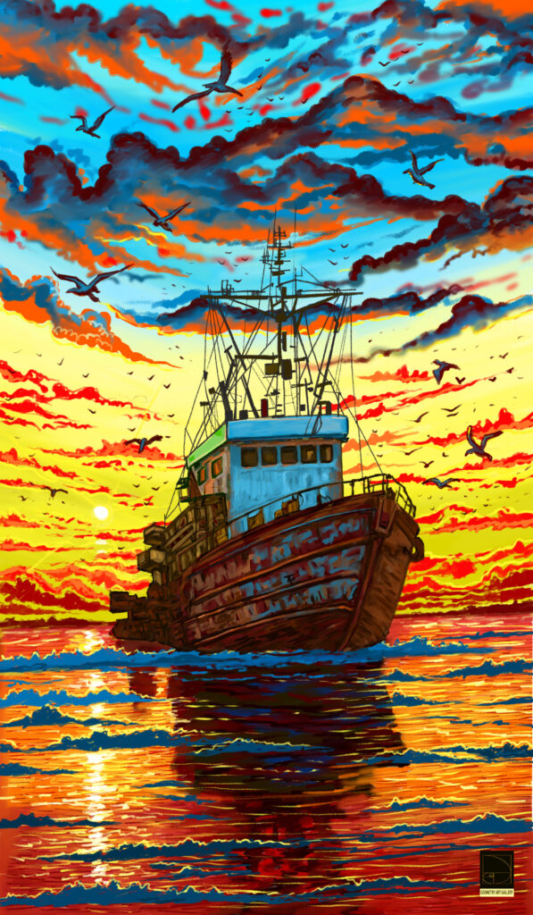 SUNSET ART WITH SHIP SAILING