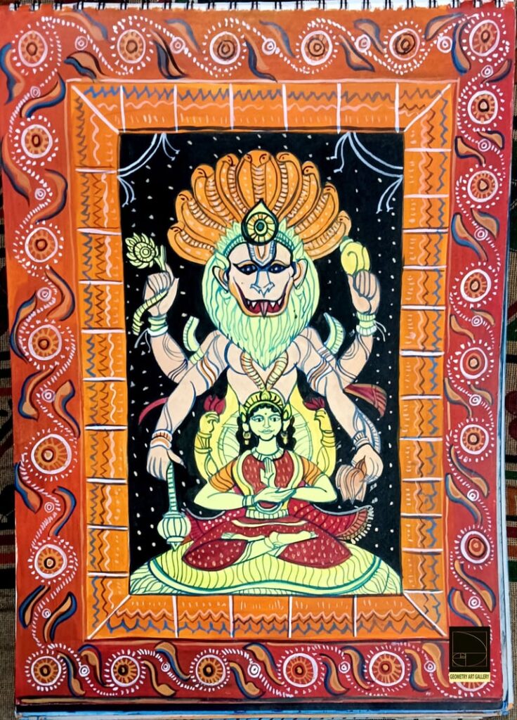 PATTACHITRA ART NARSIMHA HIRANYAKASHIPU,HINDU LORD VISHNU AND HIS CONSORT LAXMI