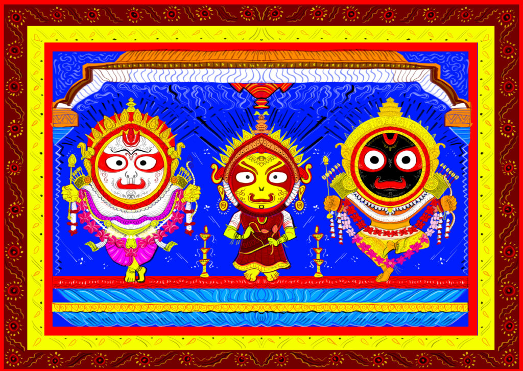 PATTACHITRA ART OF HINDU GOD JAGANATH WITH HIS BROTHER AND SISTER