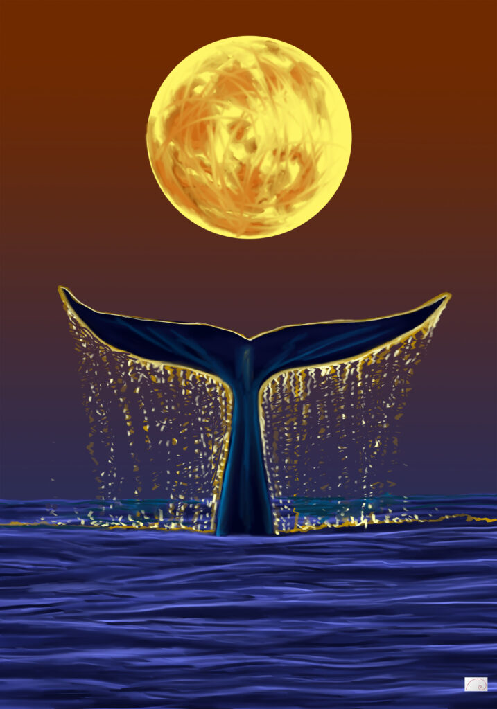 WHALE IN A SUNSET , SEA SCAPE ART