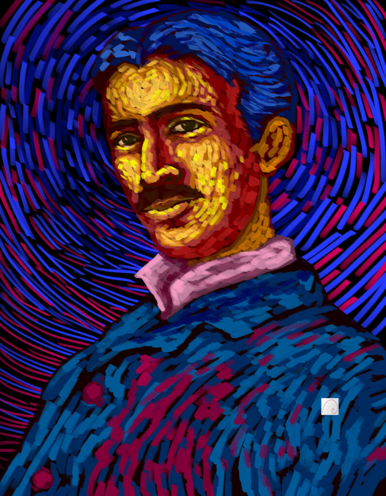 nikola tesla portrait in starry night style