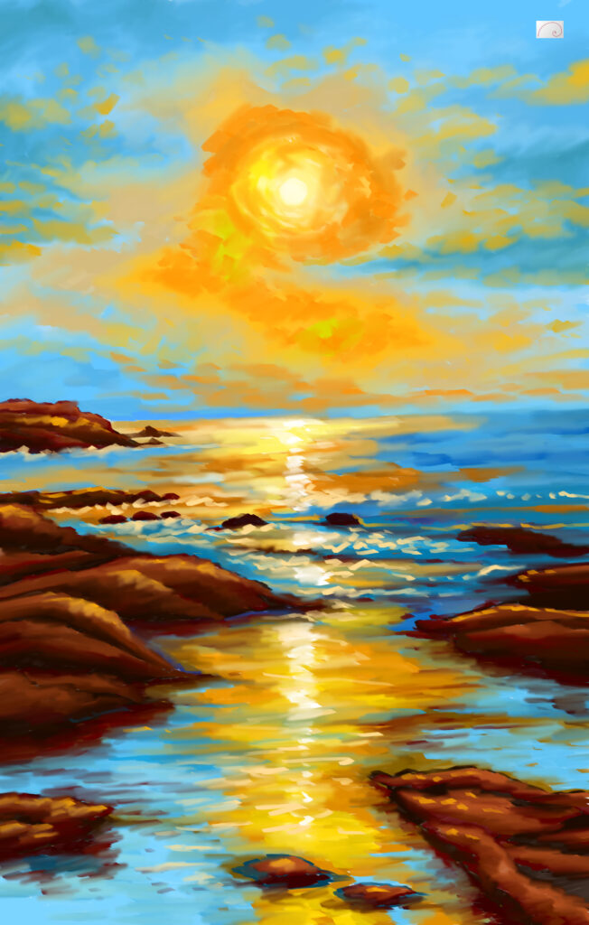 landscape art, sunset in oceans