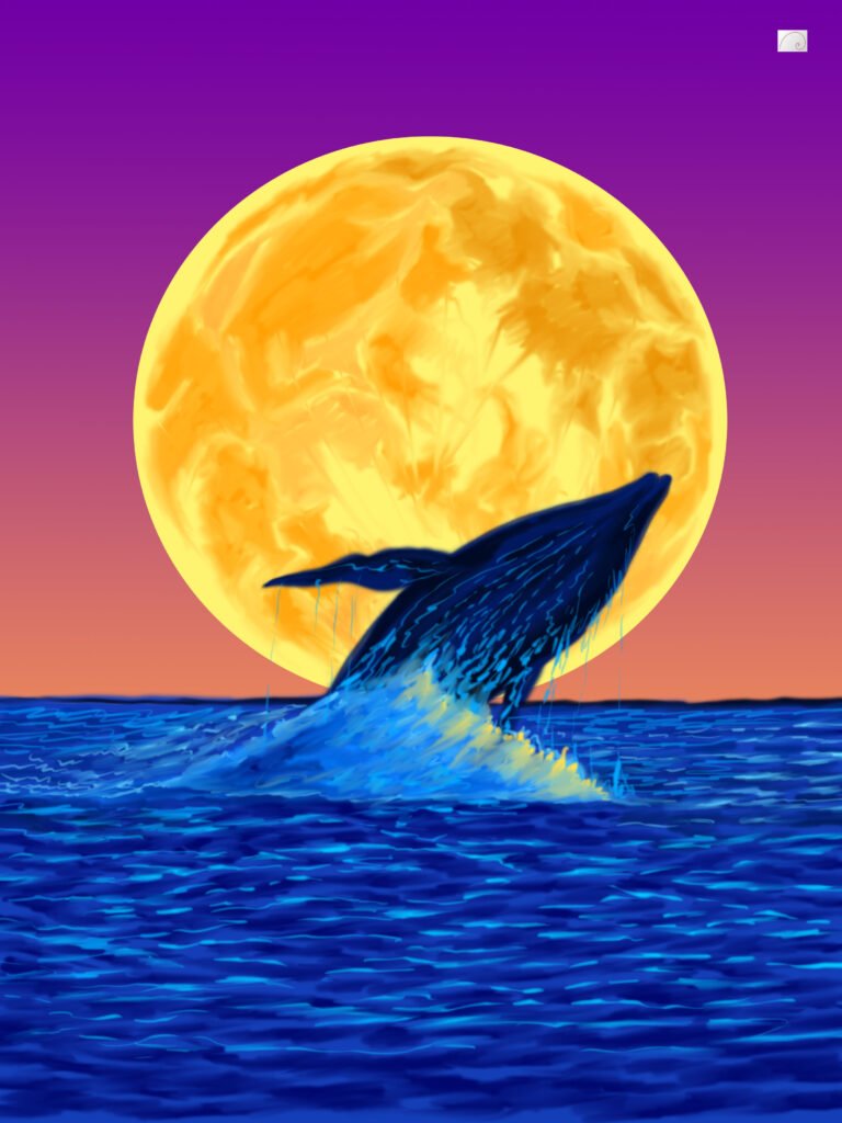 seascape art , moon rising with whale